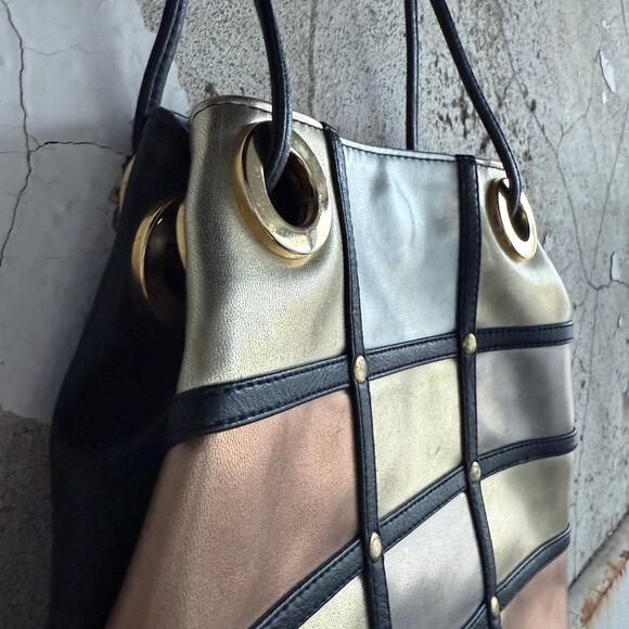 Y2K Patchwork Shoulder Bag Metallic Grommet Bucket Tote Purse Glam City Chic - Picture 3 of 8